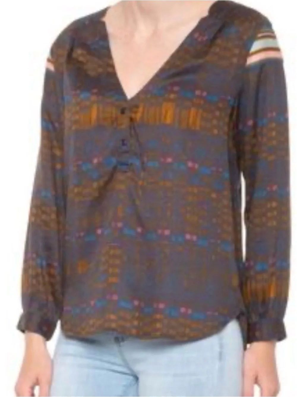 Prana Brown Printed V-Neck Long Sleeve Blouse